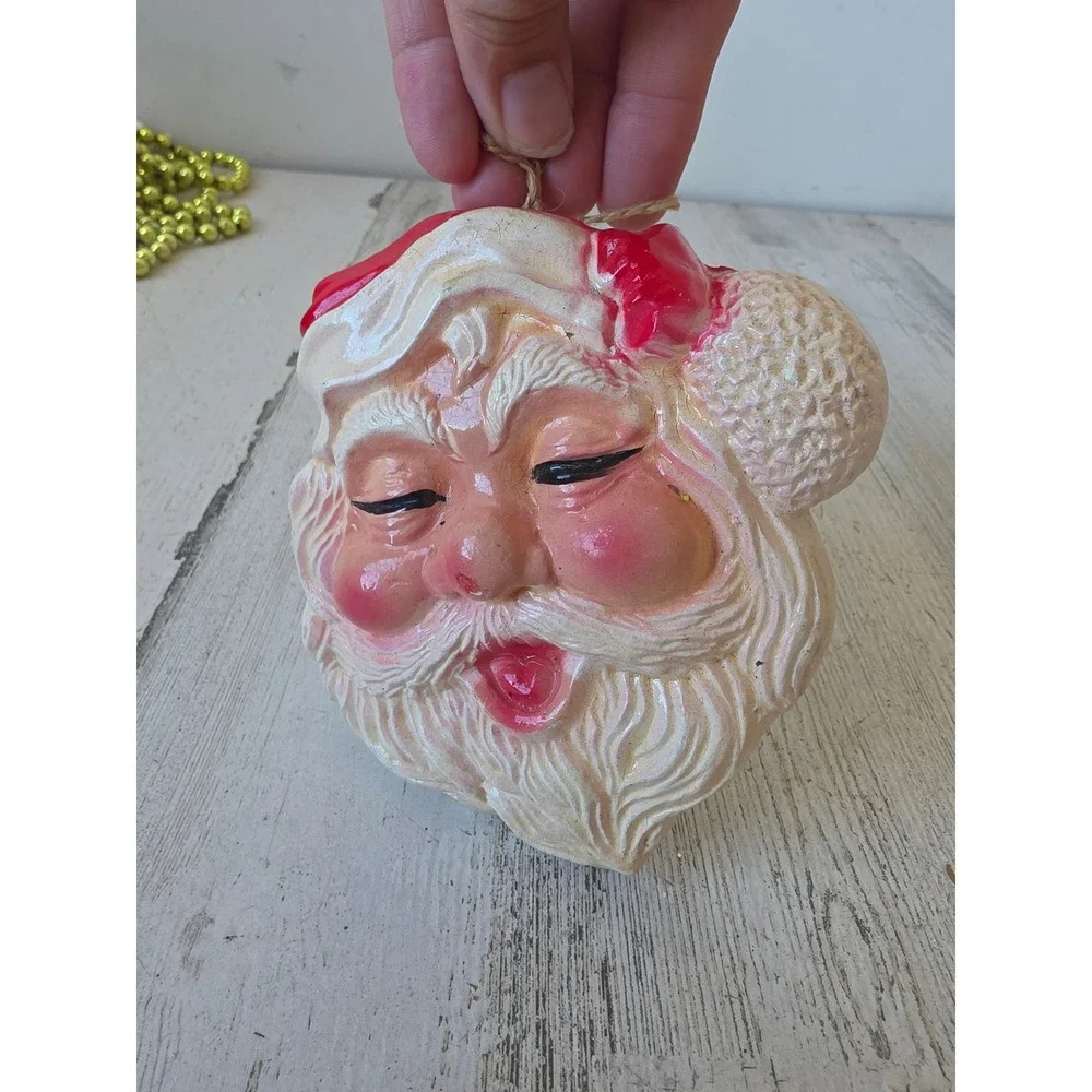 Vintage plaster Santa hanging ornament chalkware Xmas decor tree